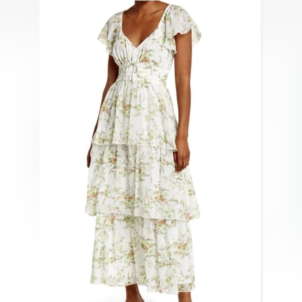 Chelsea28 Flutter Sleeve V-neck Tiered Maxi Dress Ivory Green Floral Print, XL